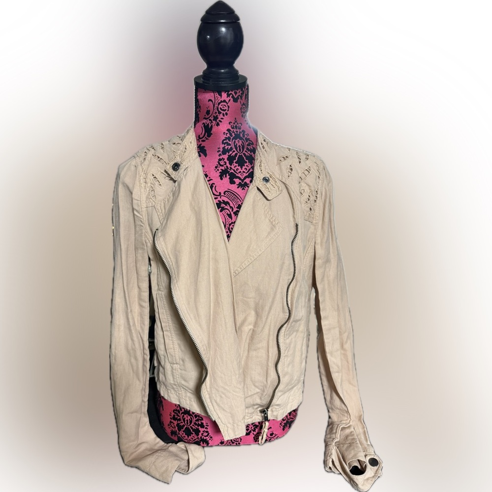 FREE PEOPLE LASER CUT MOTO JACKET | Size 12 | Boho Biker Beige